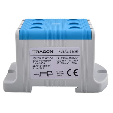 Fővezetéki leágazó sorkapocs 16-95 mm2 Kék sínre/felületre szerelhető Tracon FLEAL-95/3K