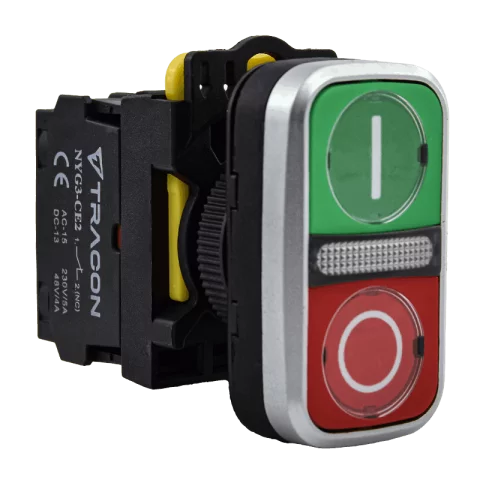 Komplett műanyag kétfejű nyomógomb zöld/piros jelzőlámpával Kettős I-O 230V D22 Tracon NYG3-DL1