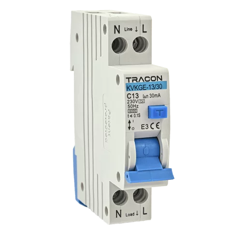 Kombinált Fi relé 1P+N C 13A 30mA 6kA (A) Áramvédő kapcsoló + kismegszakító Tracon KVKGE-13/30