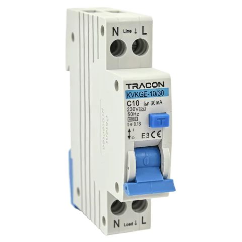 Kombinált Fi relé 1P+N C 10A 30mA 6kA (A) Áramvédő kapcsoló + kismegszakító Tracon KVKGE-10/30