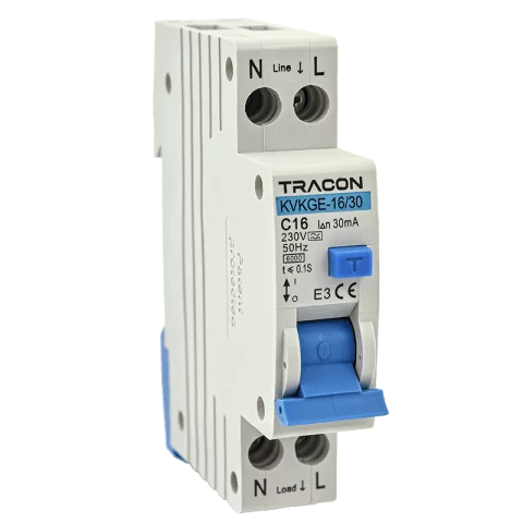 Kombinált Fi relé 1P+N C 16A 30mA 6kA (A) Áramvédő kapcsoló + kismegszakító Tracon KVKGE-16/30