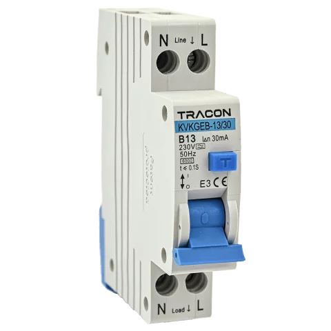 Kombinált Fi relé 1P+N B 13A 30mA 6kA (A) Áramvédő kapcsoló + kismegszakító Tracon KVKGEB-13/30