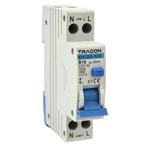 Kombinált Fi relé 1P+N B 16A 30mA 6kA (A) Áramvédő kapcsoló + kismegszakító Tracon KVKGEB-16/30