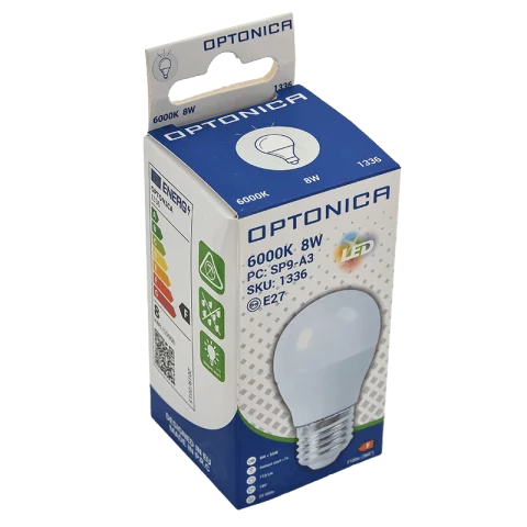 E27 LED Izzó 8W 6000K hideg fehér kisgömb G45 710lm Optonica 1336