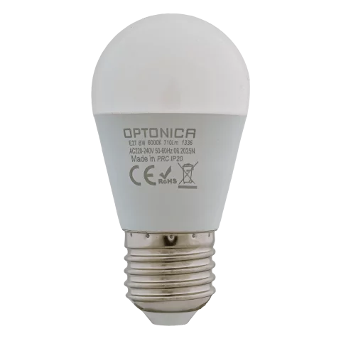 E27 LED Izzó 8W 6000K hideg fehér kisgömb G45 710lm Optonica 1336