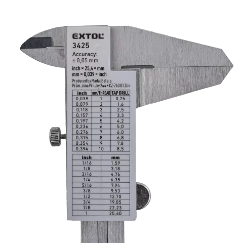 Tolómérő 150mm INOX Nóniuszos tolómérő mélységmérővel 0,05 felbontással Extol Premium 3425