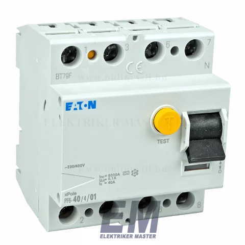 Fi relé 4P 40A 100mA 6kA (AC) áramvédő kapcsoló ÁVK ÉV relé Eaton Moeller PF6-40/4/01 (286509)