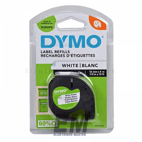 Feliratozógép Dymo szalag LetraTag 12mm x 4m címke nyomtató szalag papír fehér S0721510