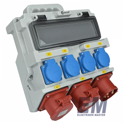 Hordozható ipari csatlakozó tábla 4x230V + 5P16A +5P32A aljzat/dugalj + 5P32A villa Technoplast