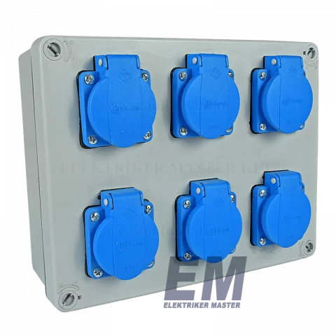 Ipari csatlakozó tábla ablak nélkül 6x2P+F (230V) alj IP44 szerelt ipari doboz JG-4-6220