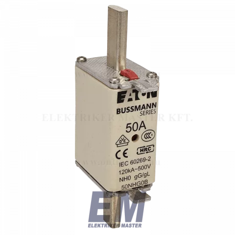 NKI késes biztosíték NH0 50A olvadó porcelán kerámia betét Bussmann 50NHG0B