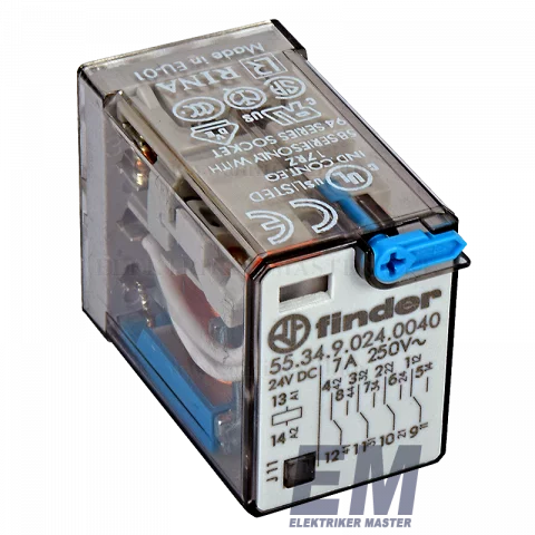 Finder Miniatűr dugaszolható ipari relé 4 váltó érintkezős 24V DC 7A 55.34.9.024.0040