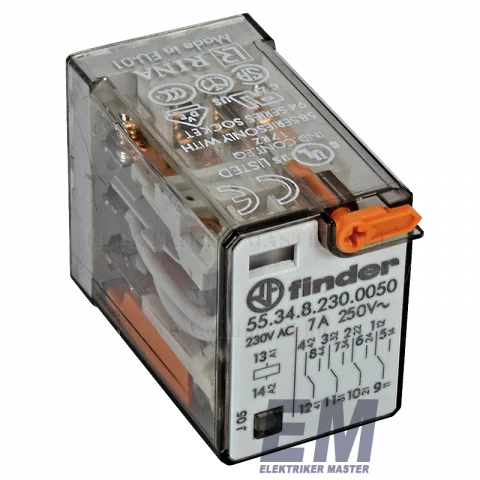 Finder Miniatűr dugaszolható ipari relé 4 váltóérintkezős 230V AC 7A LED állapot visszajelzéssel