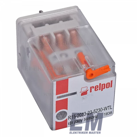 Relpol Miniatűr dugaszolható ipari relé 3 váltóérintkezős 11 lábú 230V AC 10A R15-2013-23-5230-WTL