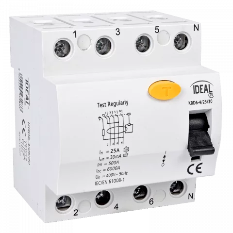 Fi relé 4P 25A 30mA 6kA (AC) áramvédő kapcsoló ÁVK ÉV relé Kanlux KRD6