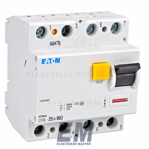 Fi relé 4P 25A 30mA 6kA (AC) áramvédő kapcsoló ÁVK ÉV relé Eaton Moeller CFI6-25/4/003-DE (235776)