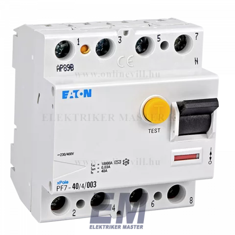 Fi relé 4P 40A 30mA 10kA (AC) áramvédő kapcsoló ÁVK ÉV relé Eaton Moeller PF7-40/4/003-DE (263586)