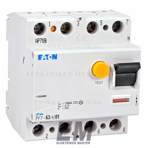Fi relé 4P 63A 100mA 10kA (AC) áramvédő kapcsoló ÁVK ÉV relé Eaton Moeller PF7-63/4/01-DE (263591)